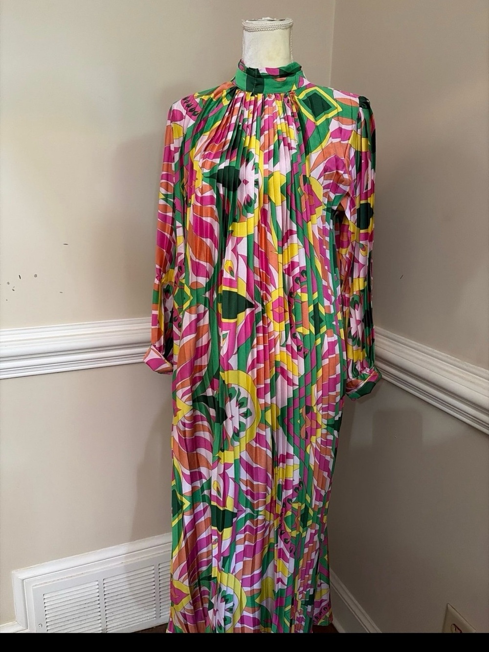 Beulah Vibrant Geometric Pleated Maxi Dress in Pink, Green & Yellow